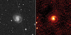 First ever radio image (right) of a spiral galaxy previously photographed in visible light (left). Both the visible light on the left and the radio waves on the right departed this galaxy 230 million years ago.